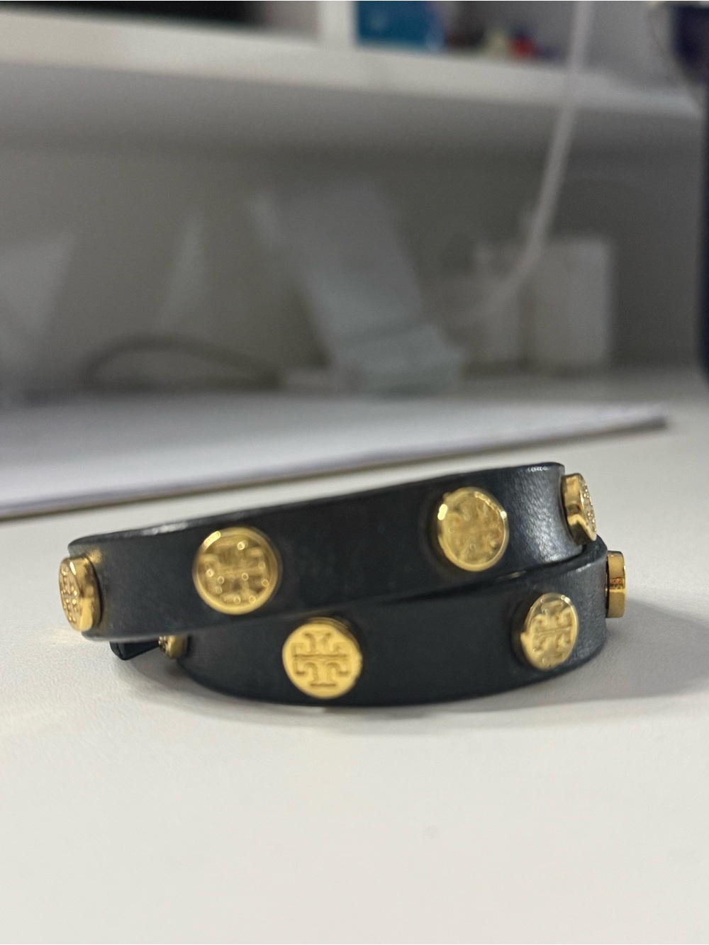 Tory Burch Black Leather Double Wrap Bracelet with Gold Logo Studs - Picture 2 of 4